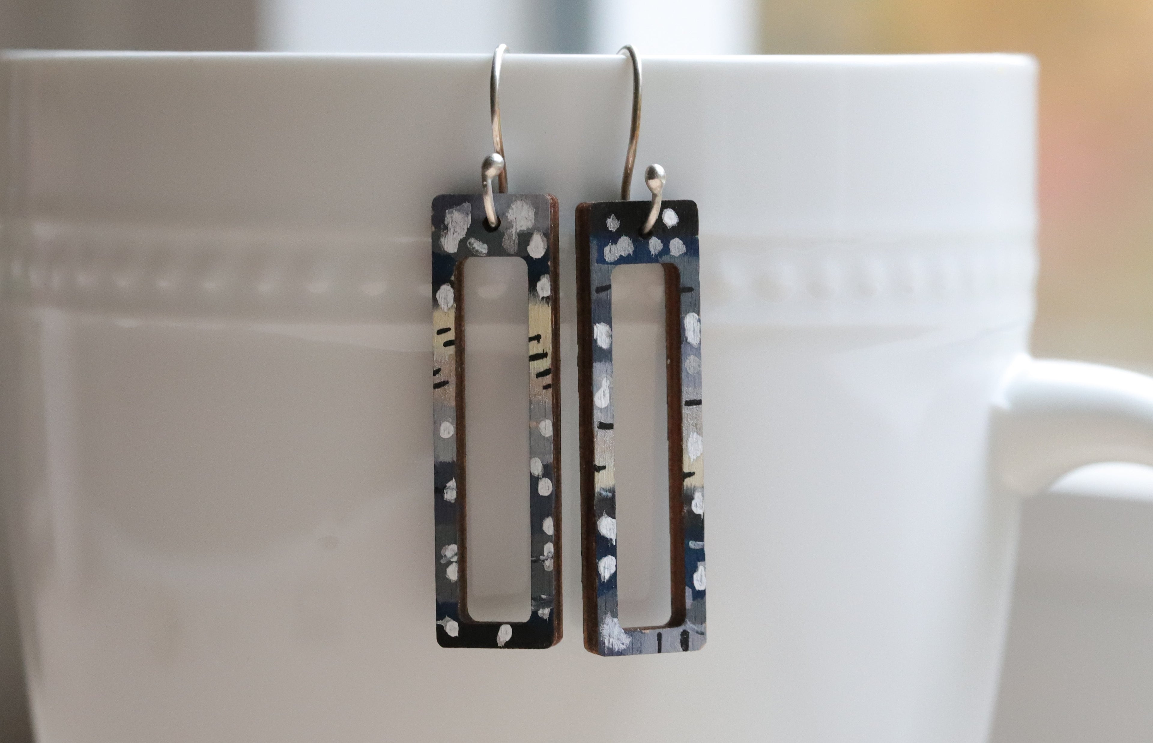 Rectangular wooden painted earrings
