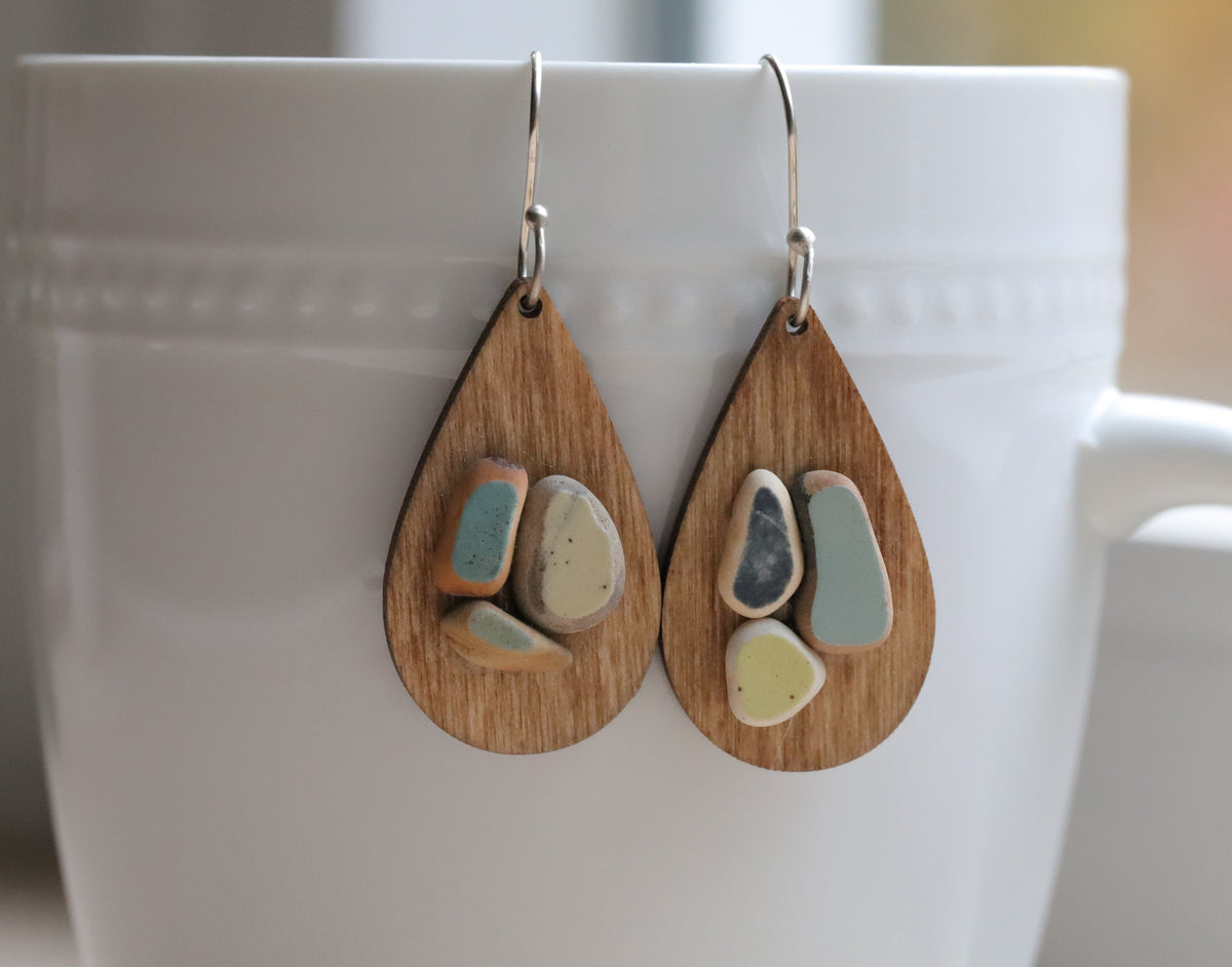 Wooden Teardrop earrings with pottery pieces