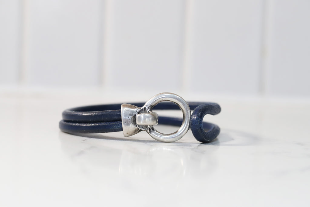 Blue Leather Bracelet and silver clasp